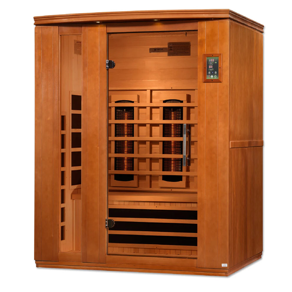 Wooden sauna with digital display on a white background