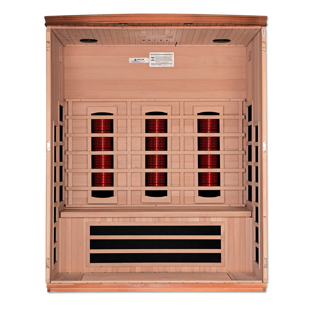 Wooden sauna with red lights on a white background