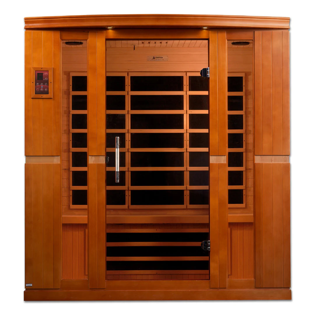 Wooden sauna with glass panels on a white background
