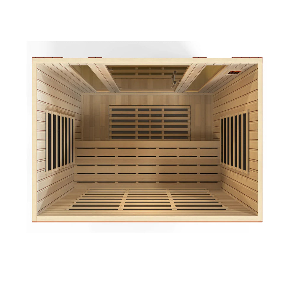 Wooden sauna interior with benches and windows on a white background