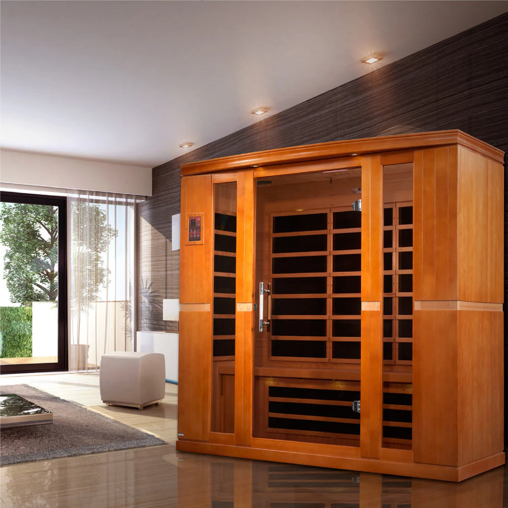 Wooden sauna cabinet in a modern room with large windows