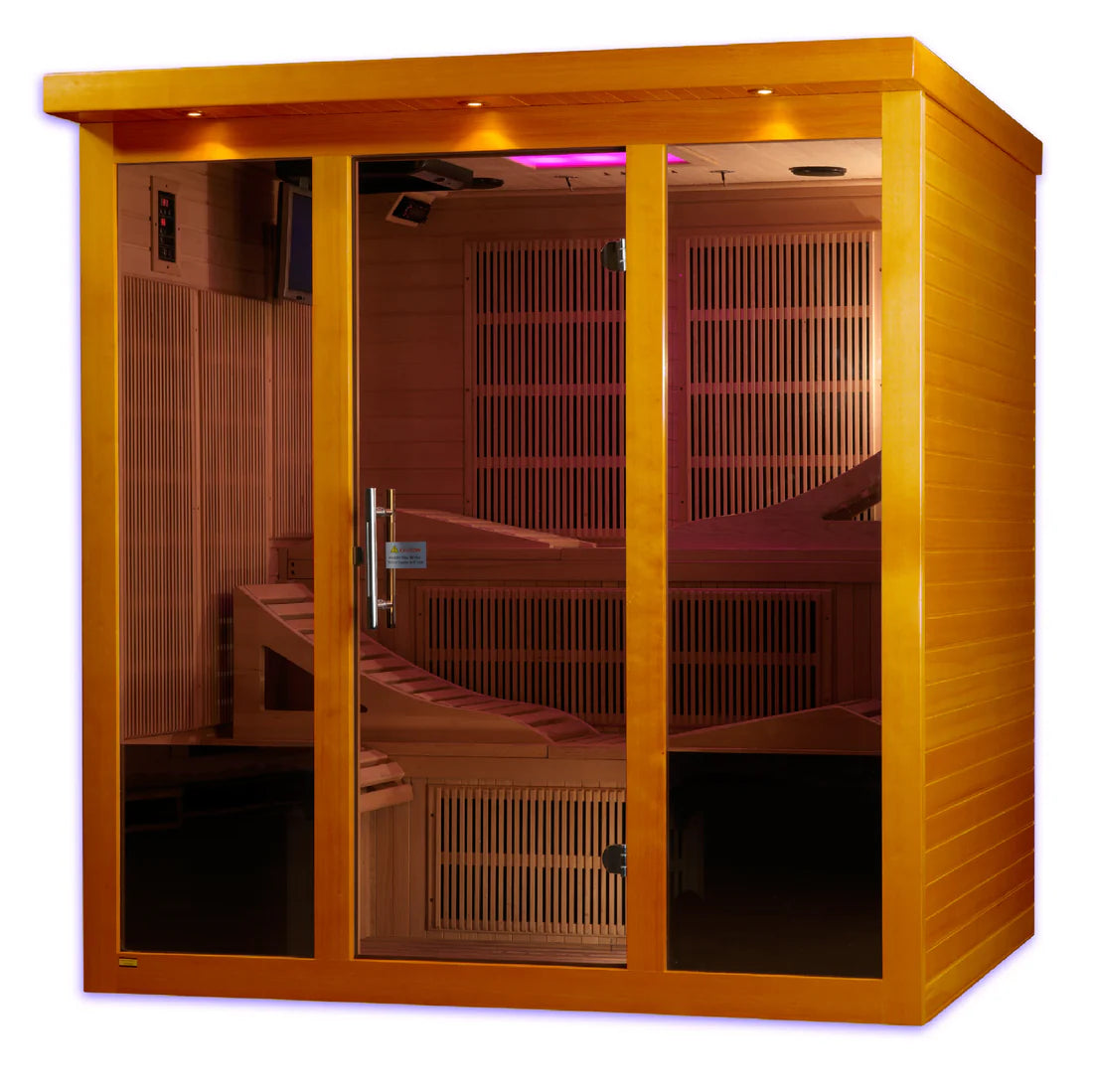 Wooden infrared sauna with glass doors on a white background