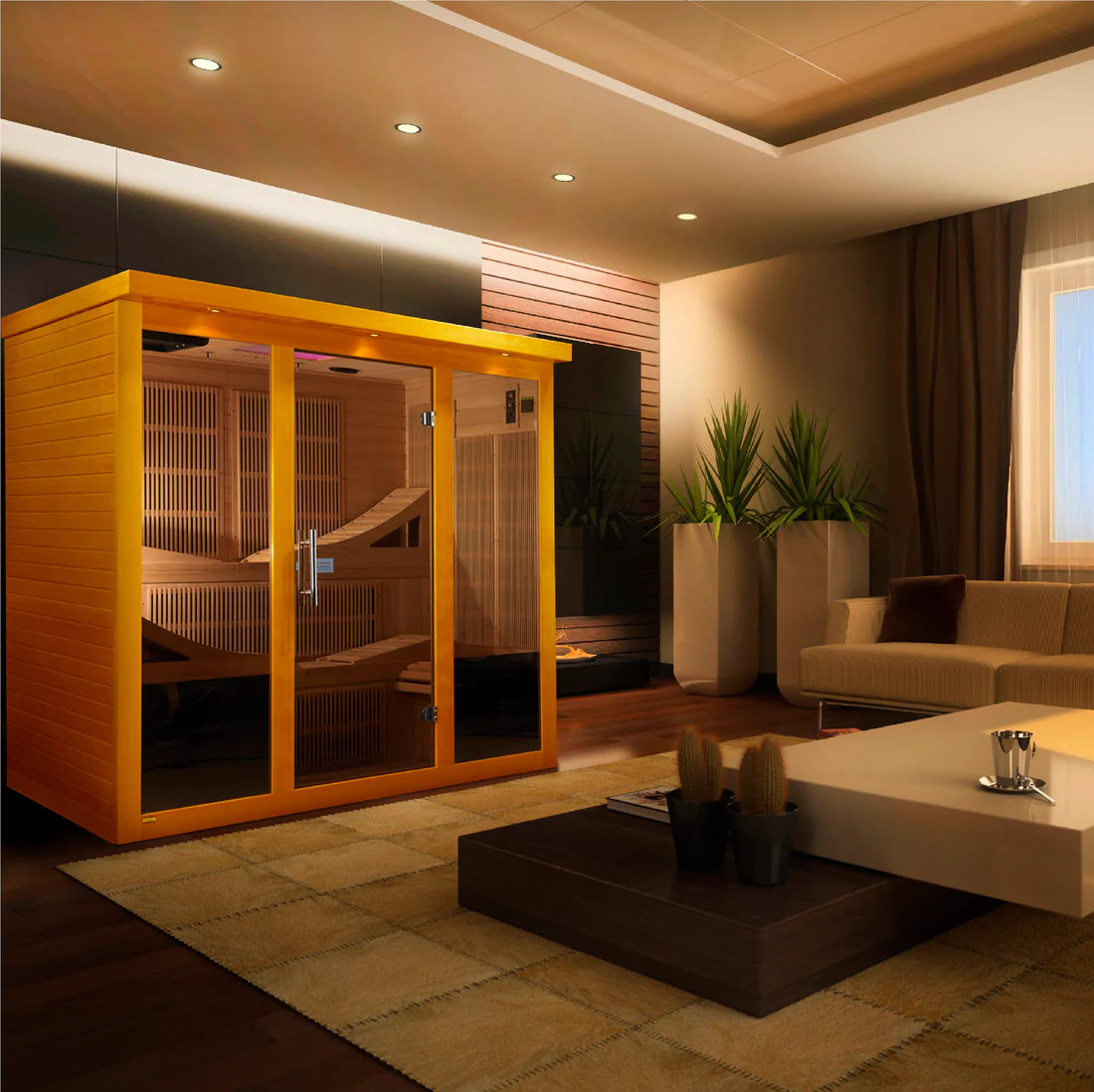 Modern living room with a sauna in the corner