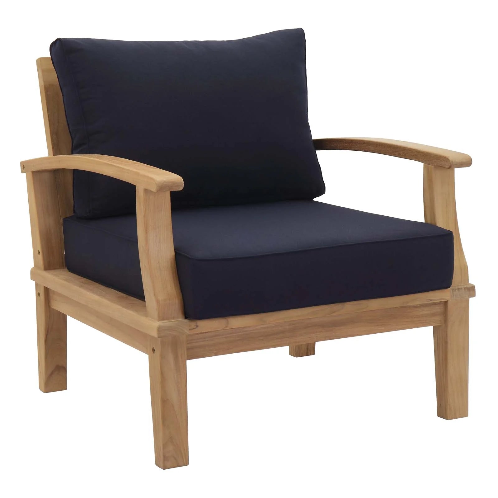 Wooden armchair with navy cushions on a white background