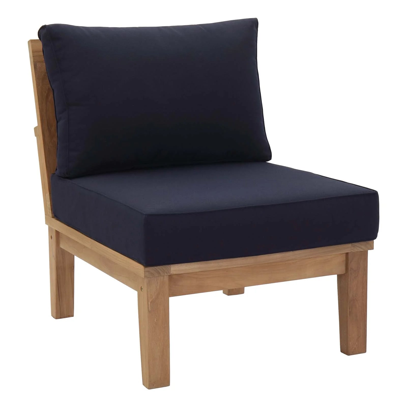 Wooden chair with navy cushions on a white background