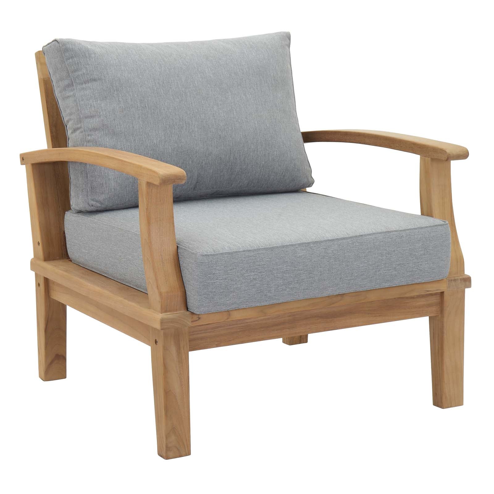 Wooden armchair with gray cushions on a white background