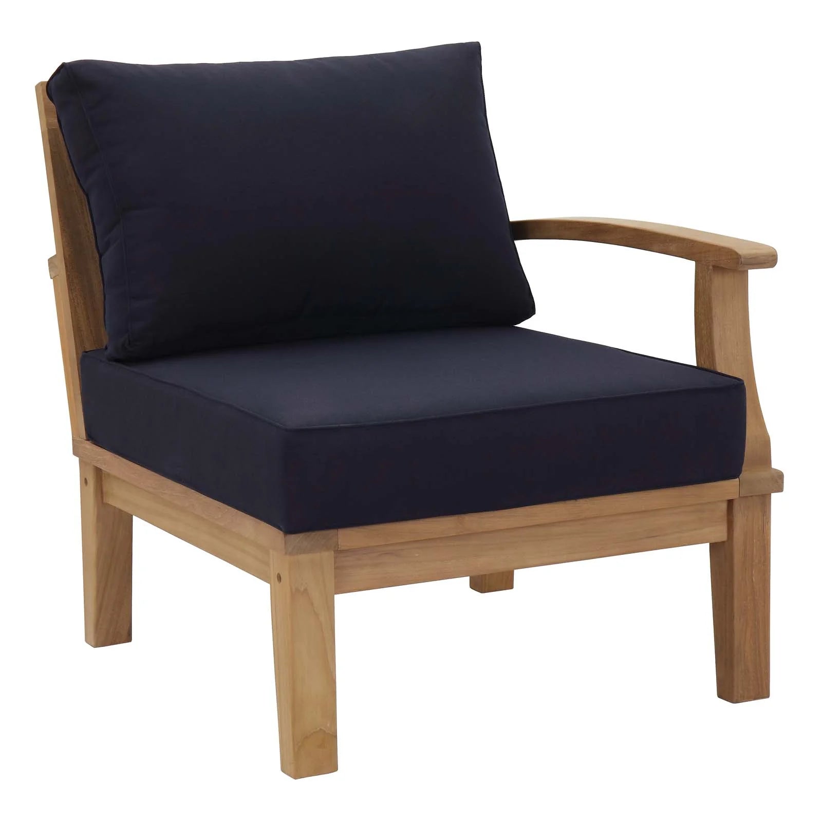Wooden armchair with navy cushions on a white background