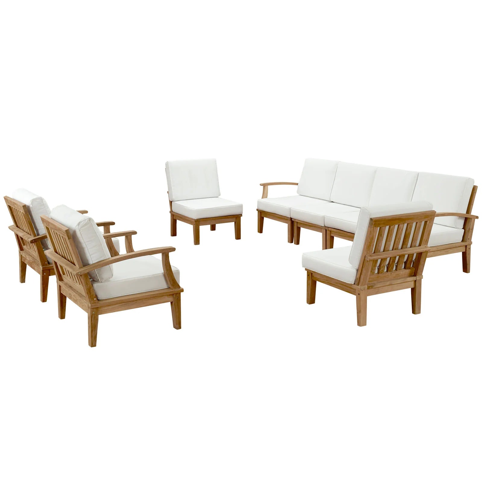 Wooden outdoor furniture set with white cushions on a white background
