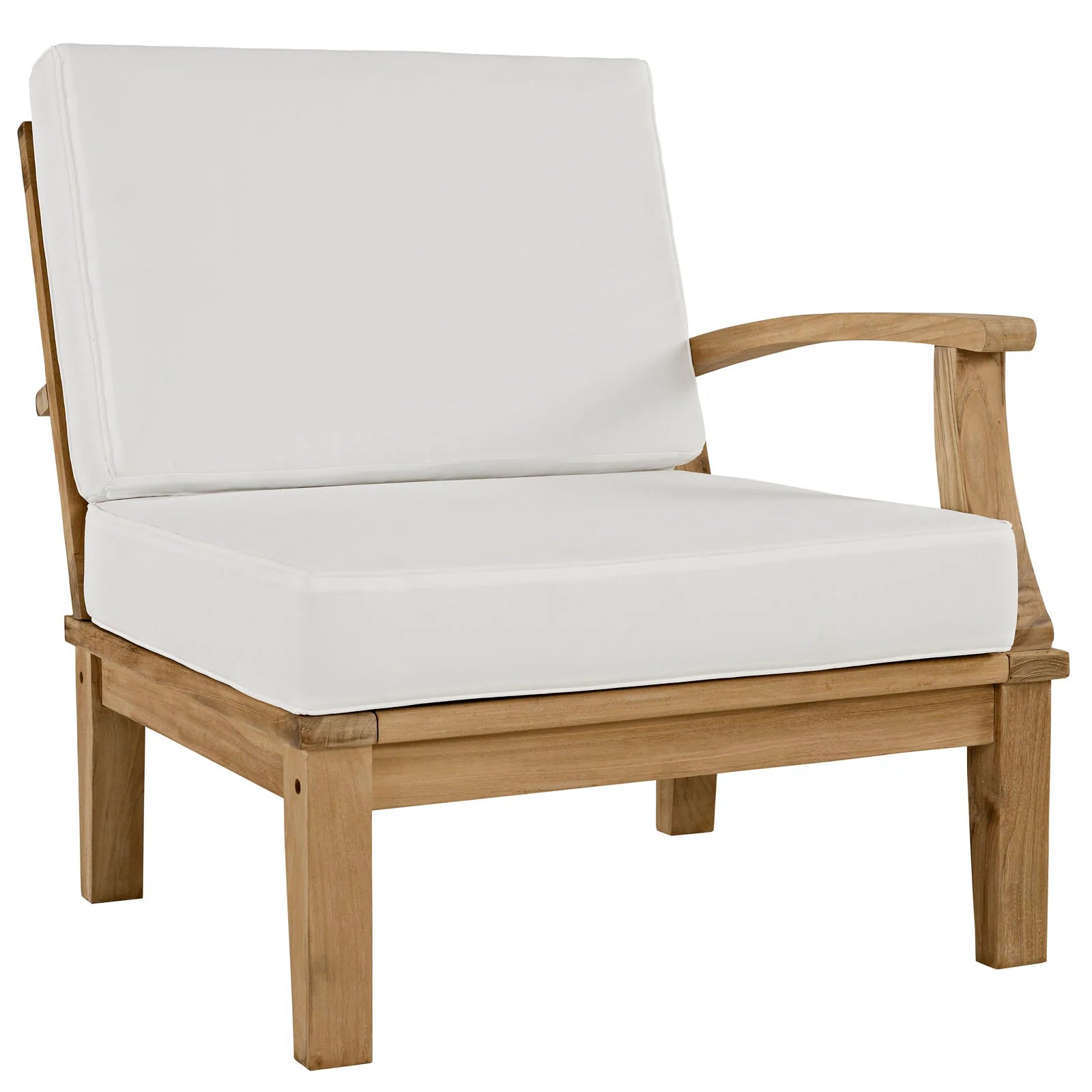 Wooden armchair with white cushions on a white background