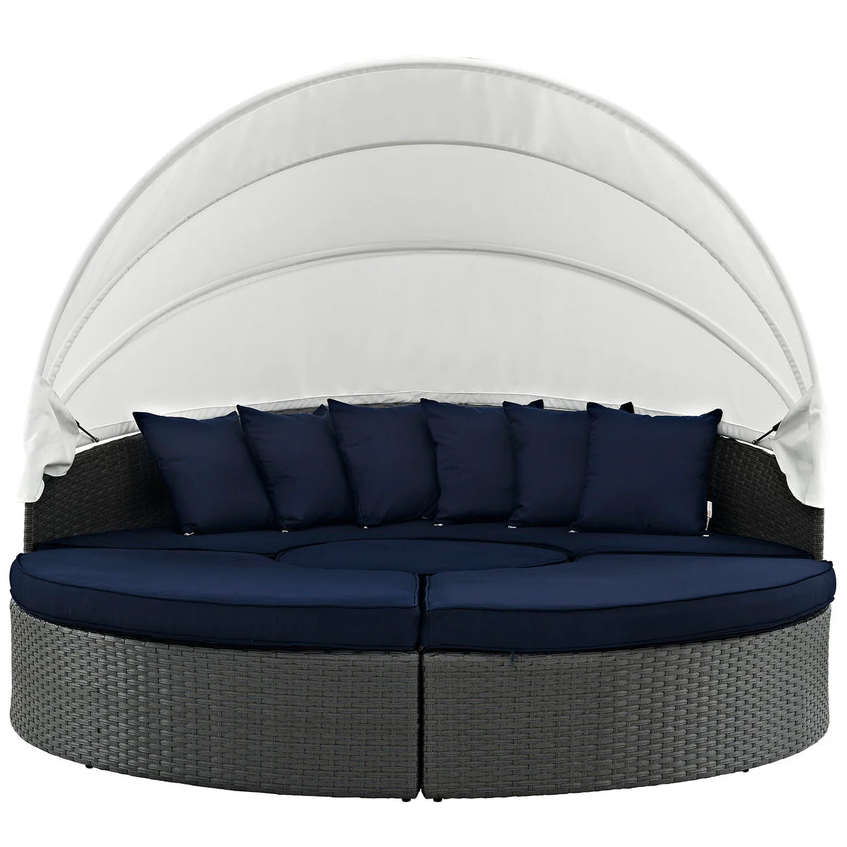 Round outdoor daybed with canopy and navy cushions on a white background