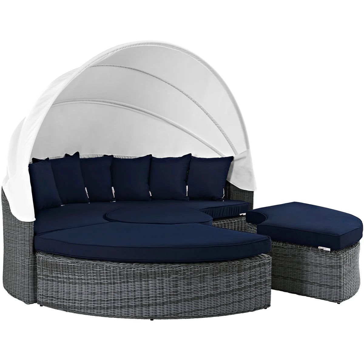 Outdoor lounge chair with canopy and navy cushions on a white background