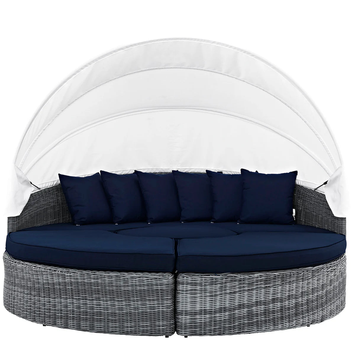 Round outdoor daybed with canopy and navy cushions on a white background
