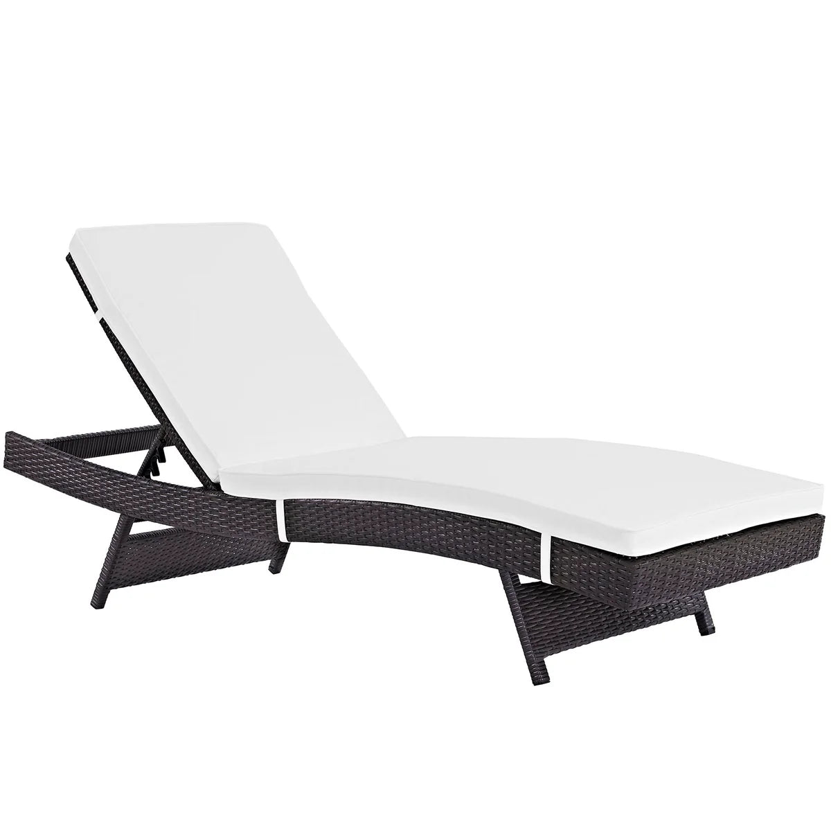 White lounge chair with black woven frame on a white background