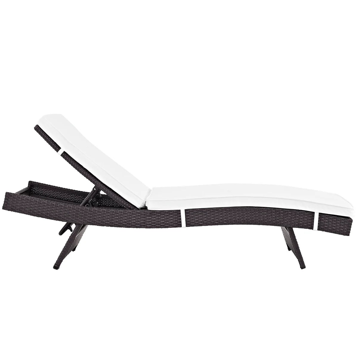 White lounge chair with black woven frame on a white background