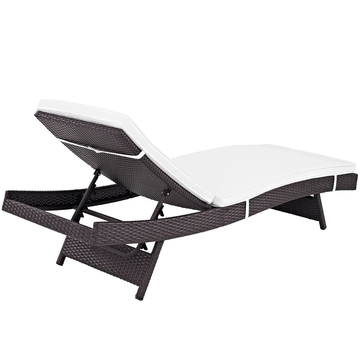 White lounge chair with black woven frame on a white background