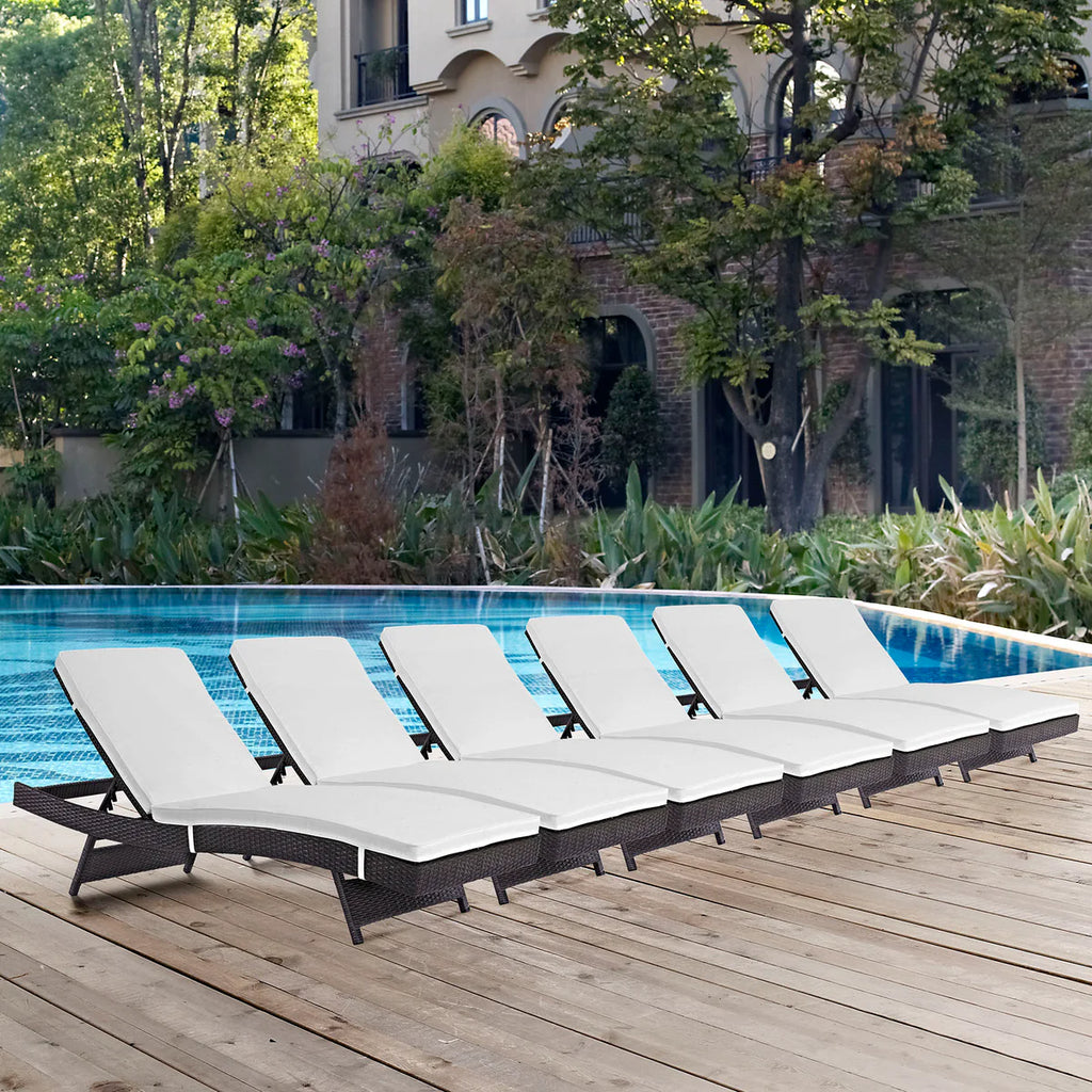 Convene outdoor reclining chaise lounge set of 6 in espresso and white – poolside arrangement
