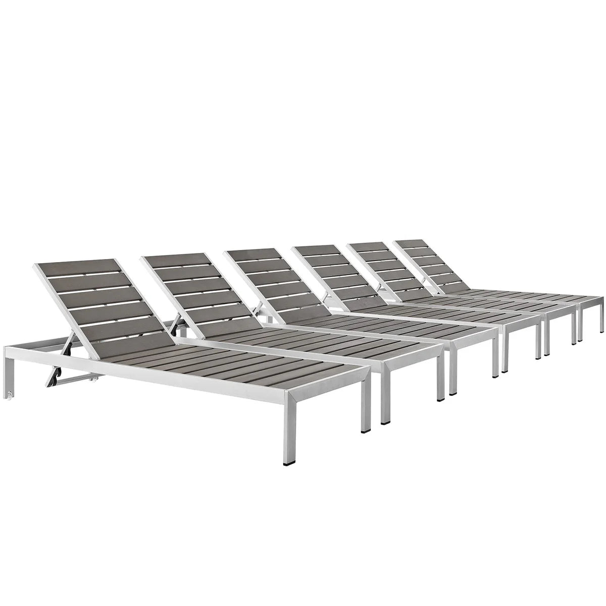 Shore outdoor chaise lounge chair – anodized brushed aluminum frame and plastic wood accent paneling
