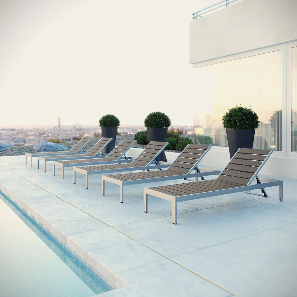 Shore aluminum chaise lounge set of 6 in silver gray – full outdoor patio arrangement
