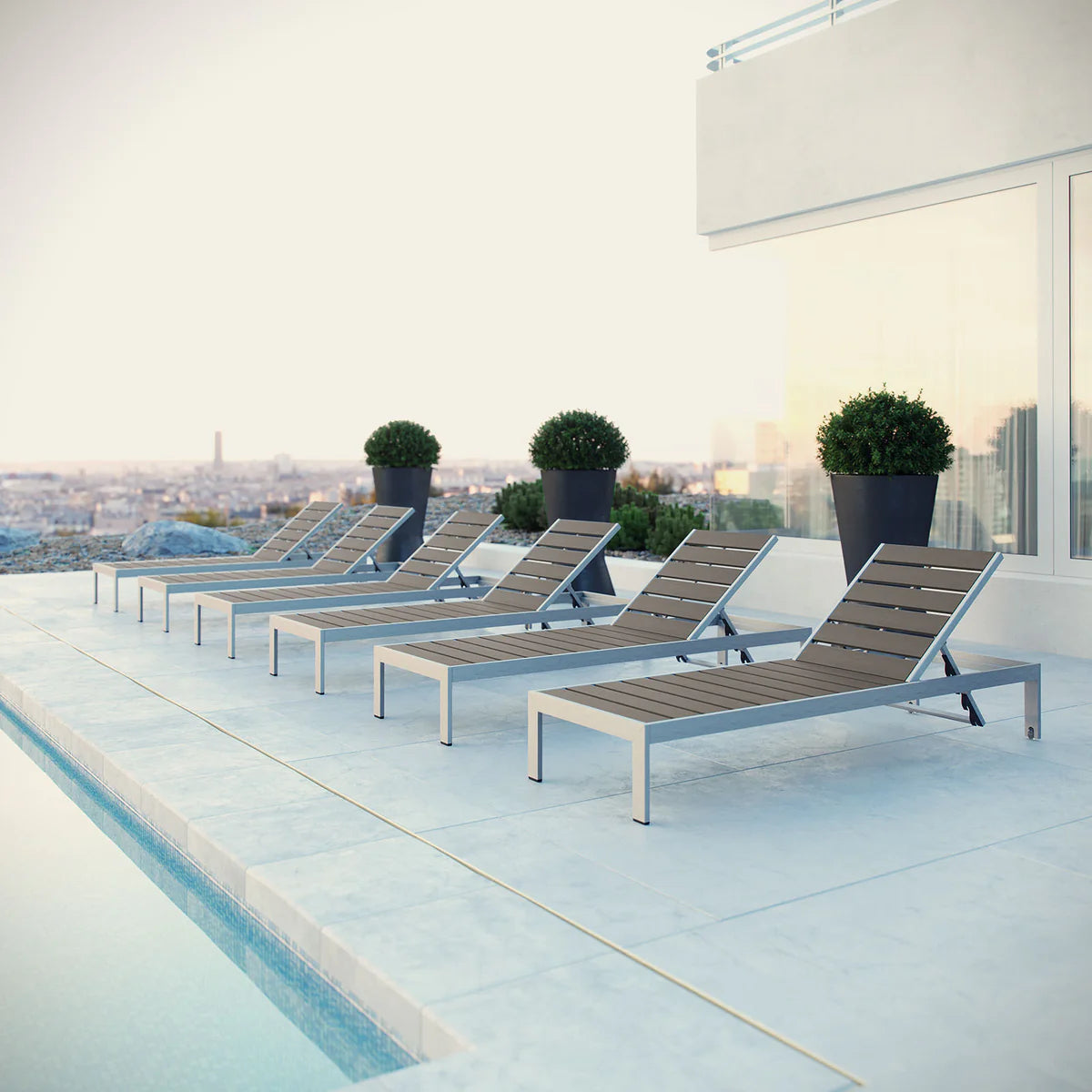 Shore aluminum chaise lounge set of 6 in silver gray – full outdoor patio arrangement
