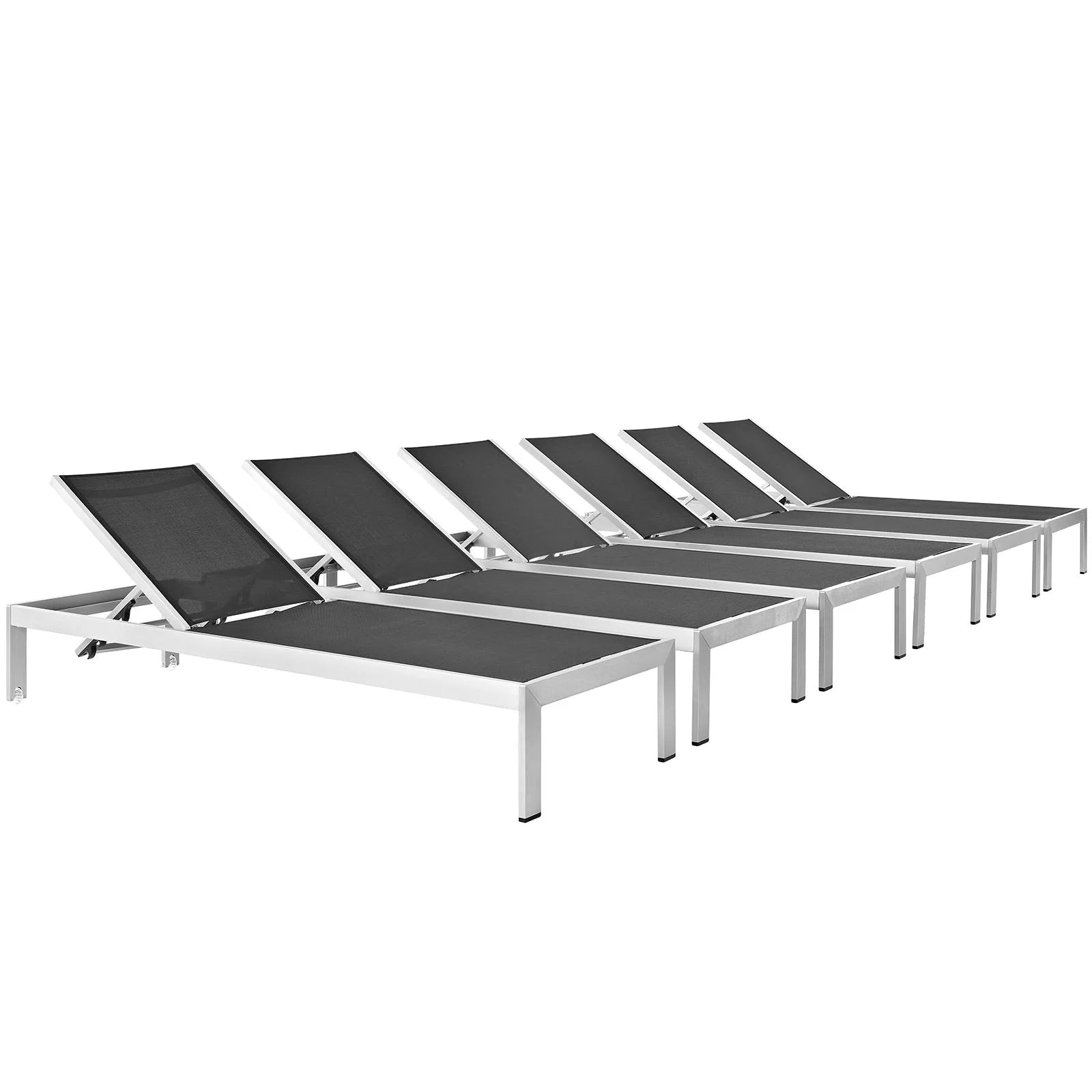 Set of six black chaise lounge chairs with silver frames on a white background