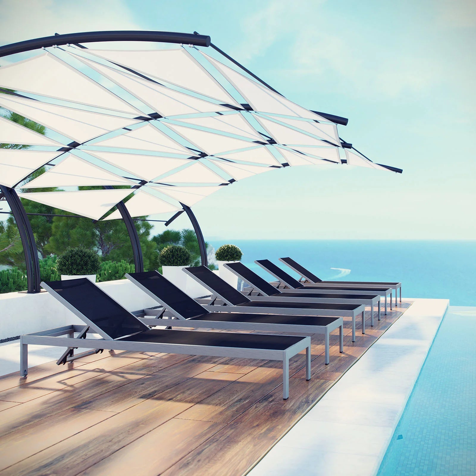 Shore aluminum chaise lounge set of 6 in silver and black – full outdoor patio arrangement
