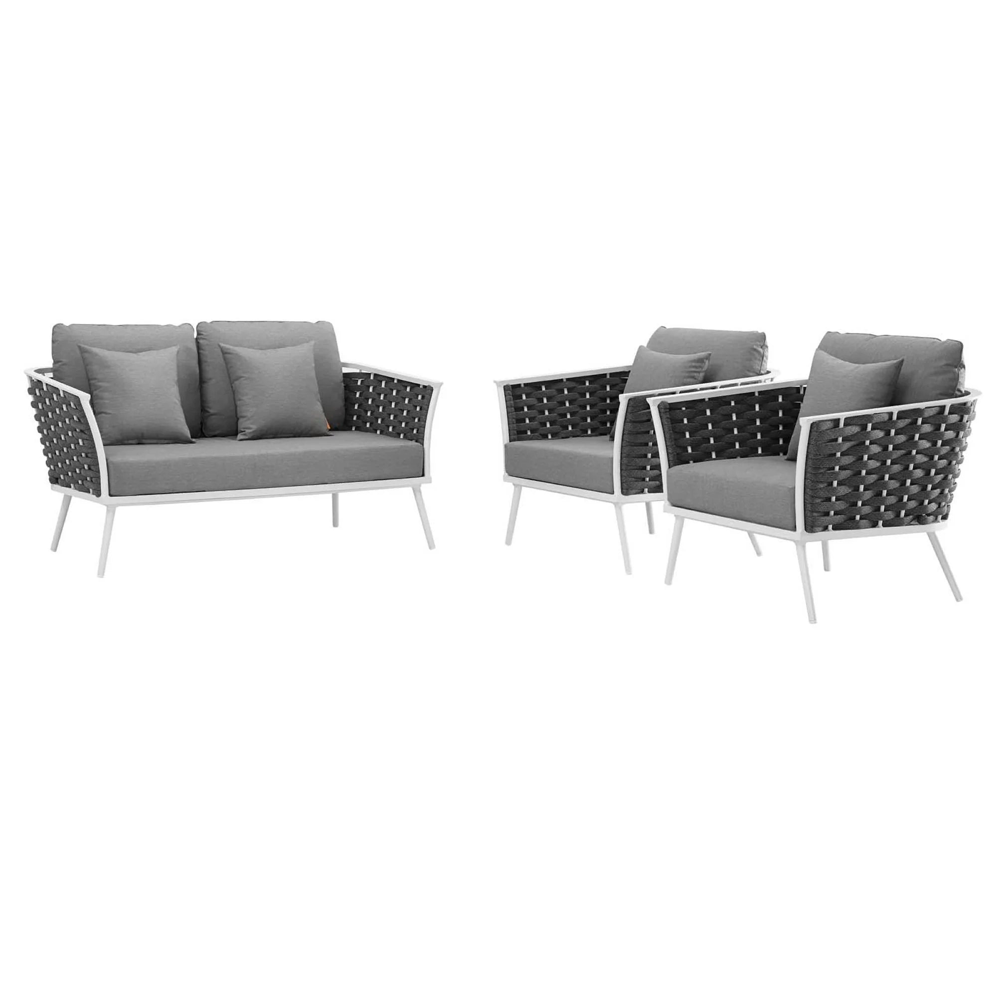 Outdoor furniture set with a sofa and two chairs on a white background