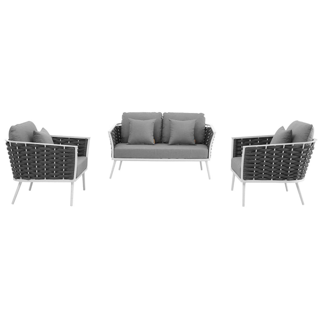 Outdoor furniture set with two chairs and a sofa on a white background