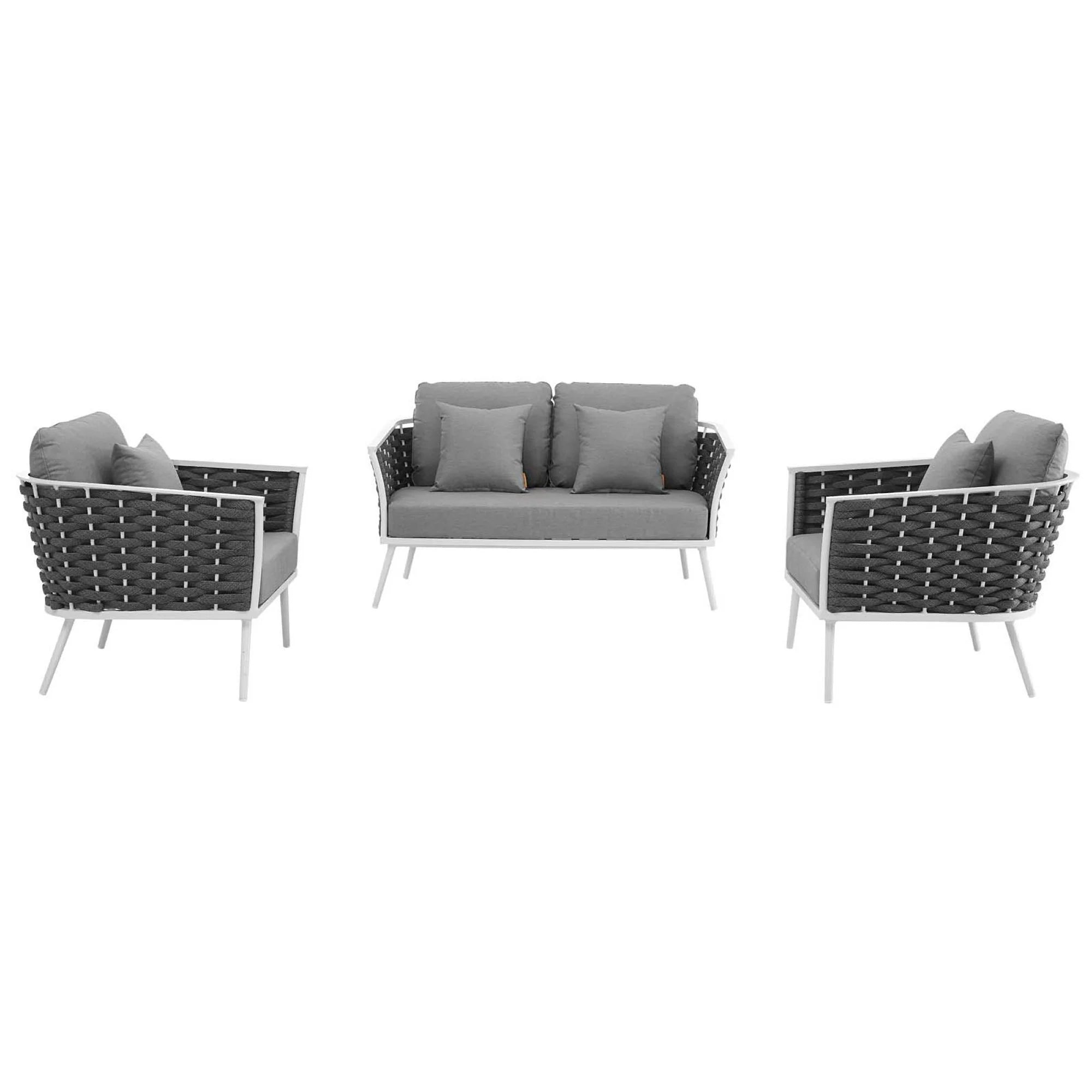 Outdoor furniture set with two chairs and a sofa on a white background