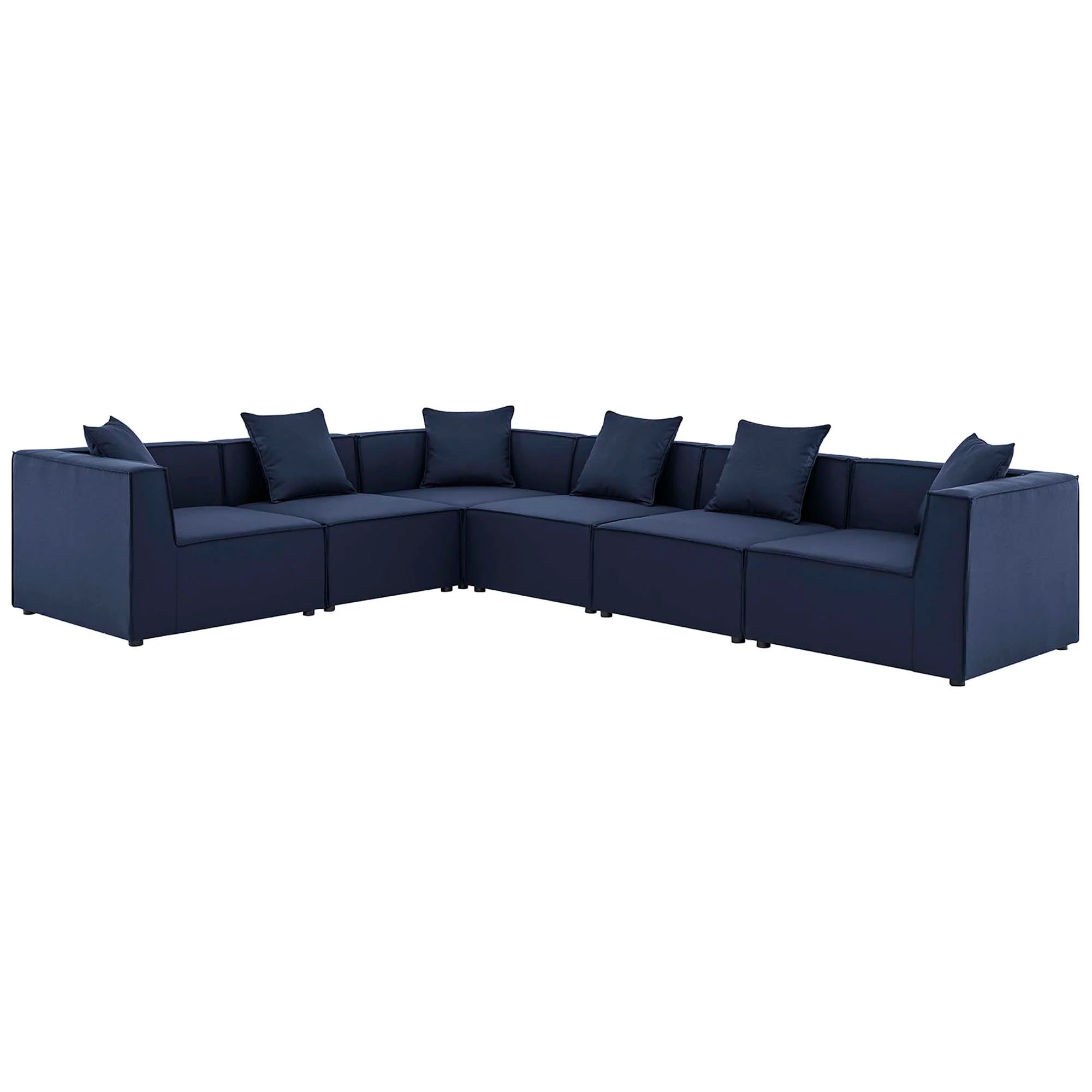 Navy blue sectional sofa with multiple cushions on a white background