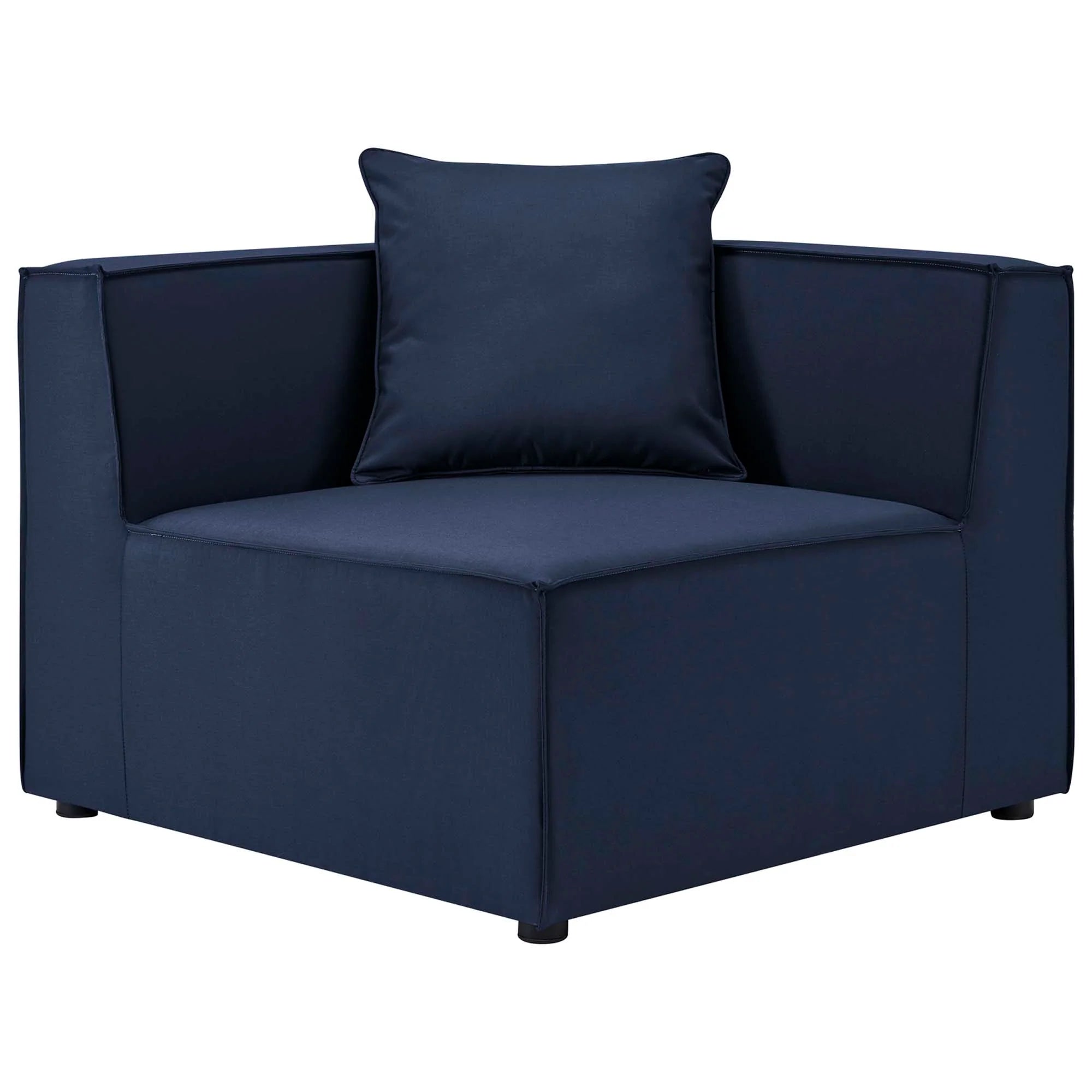 Navy blue armchair with a matching pillow on a white background