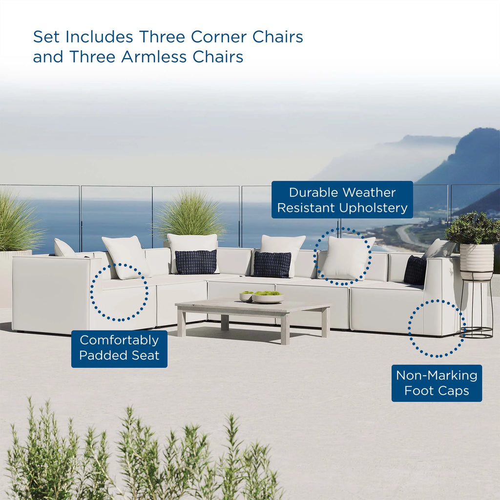 Outdoor furniture set with text highlighting features like durable weather-resistant upholstery, comfortably padded seat, and non-marking foot caps.