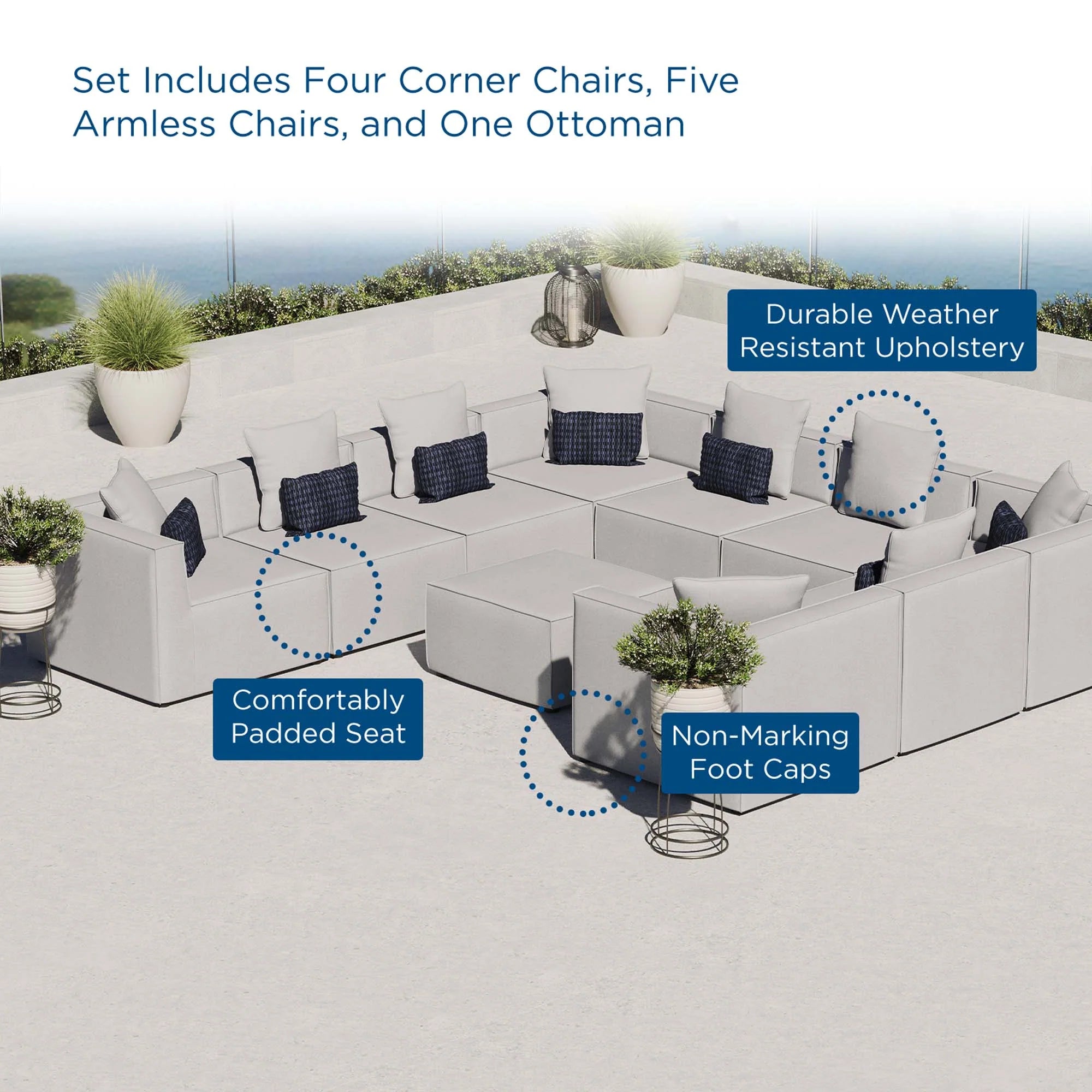 Outdoor patio furniture set with features highlighted on a white background