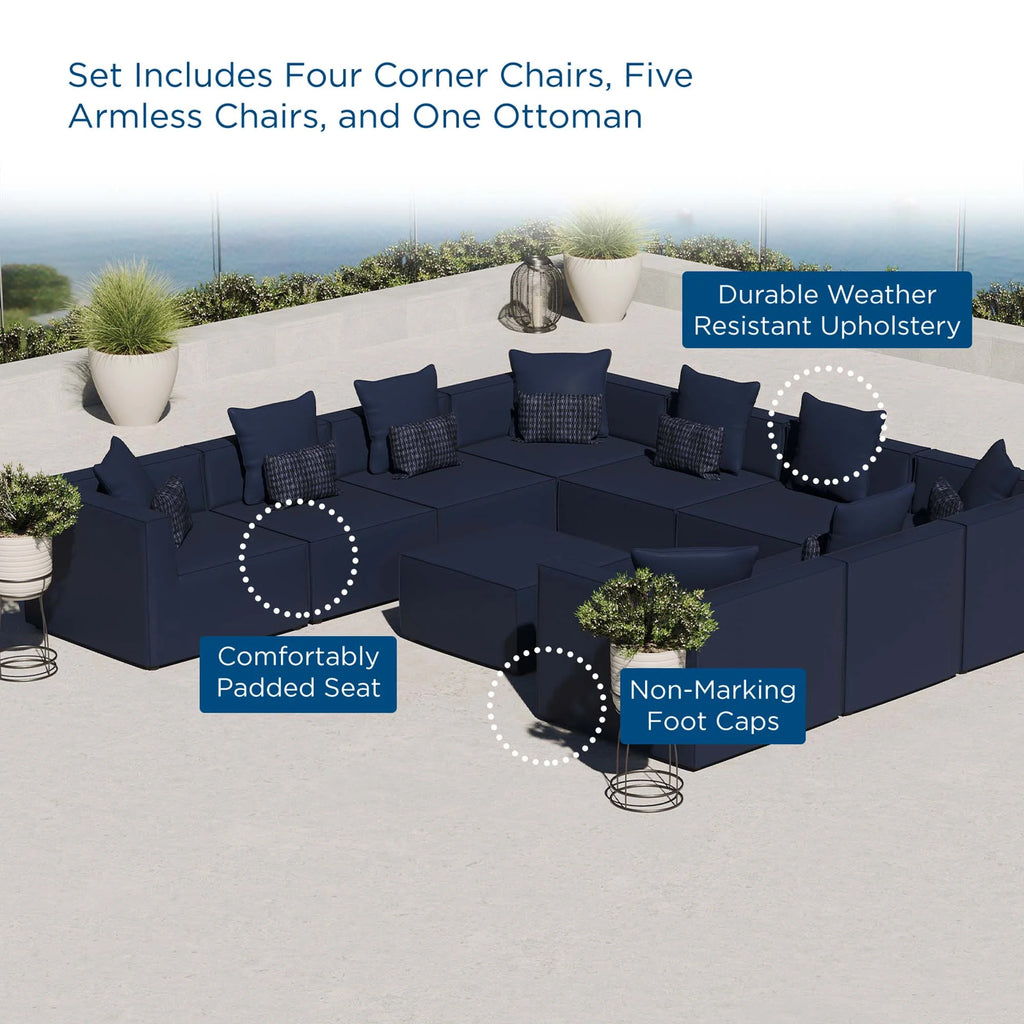 Outdoor furniture set with navy cushions on a patio with ocean view, featuring text on product features.