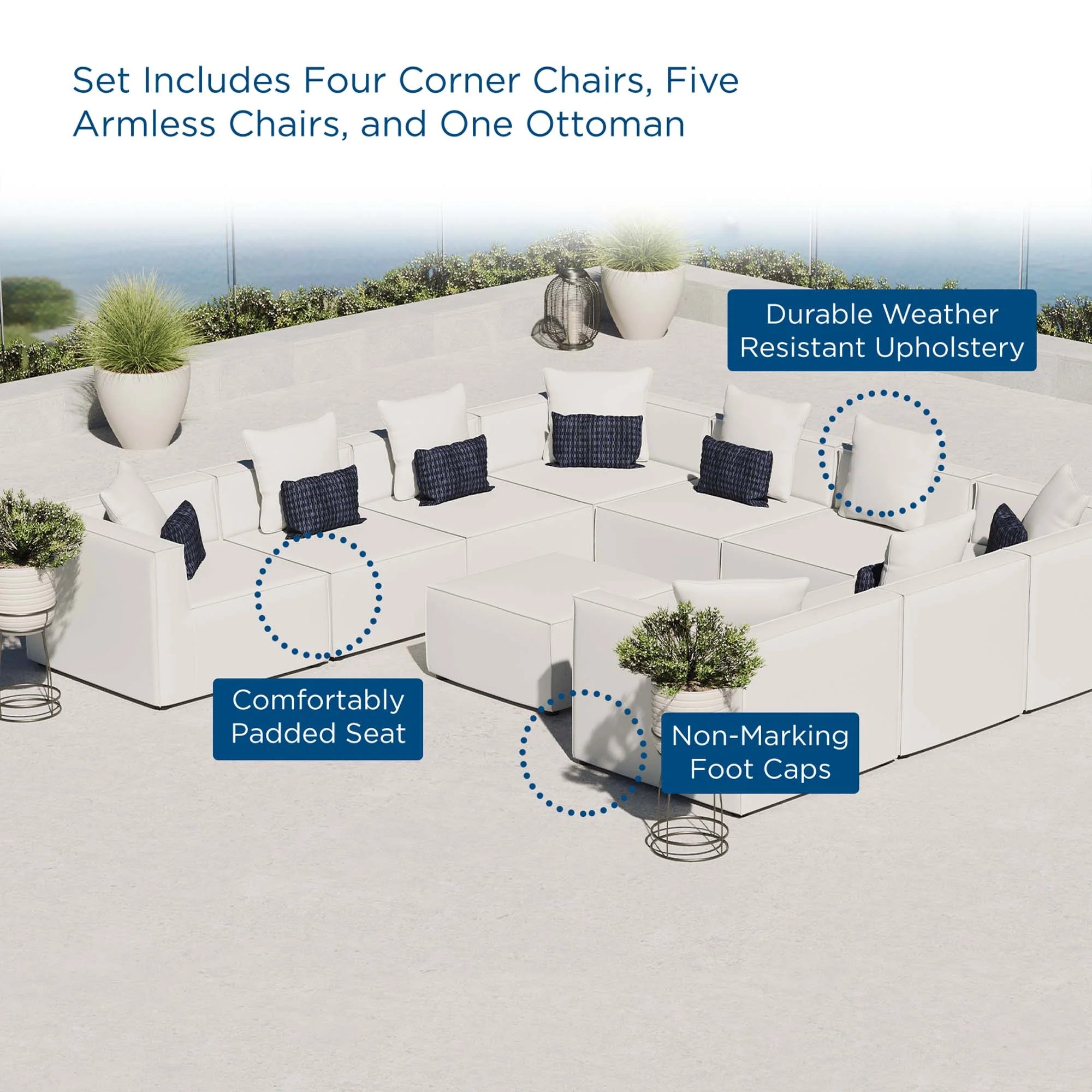 Outdoor furniture set with white chairs and ottoman on a patio with ocean view, featuring text on product features.