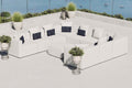 Modern outdoor seating area with white furniture, blue cushions, and potted plants by a waterfront.