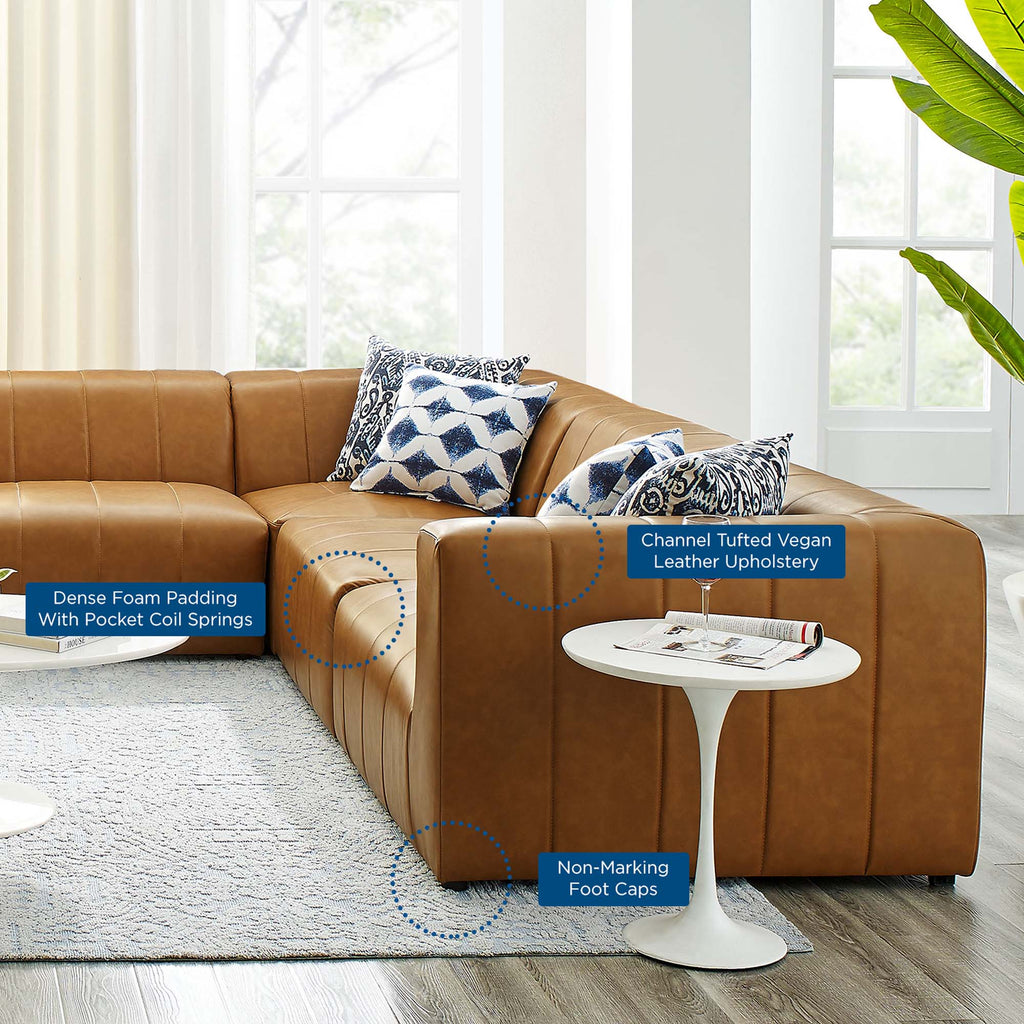 Brown sectional sofa with cushions in a living room setting, featuring text labels on various components.