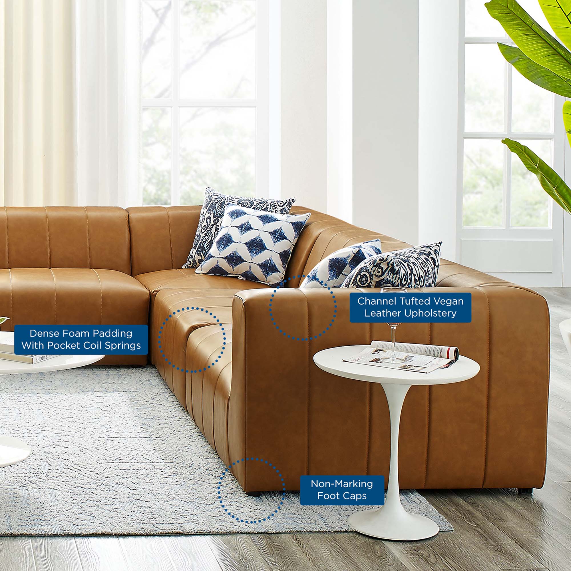 Brown sectional sofa with cushions in a living room setting, featuring text labels on various components.