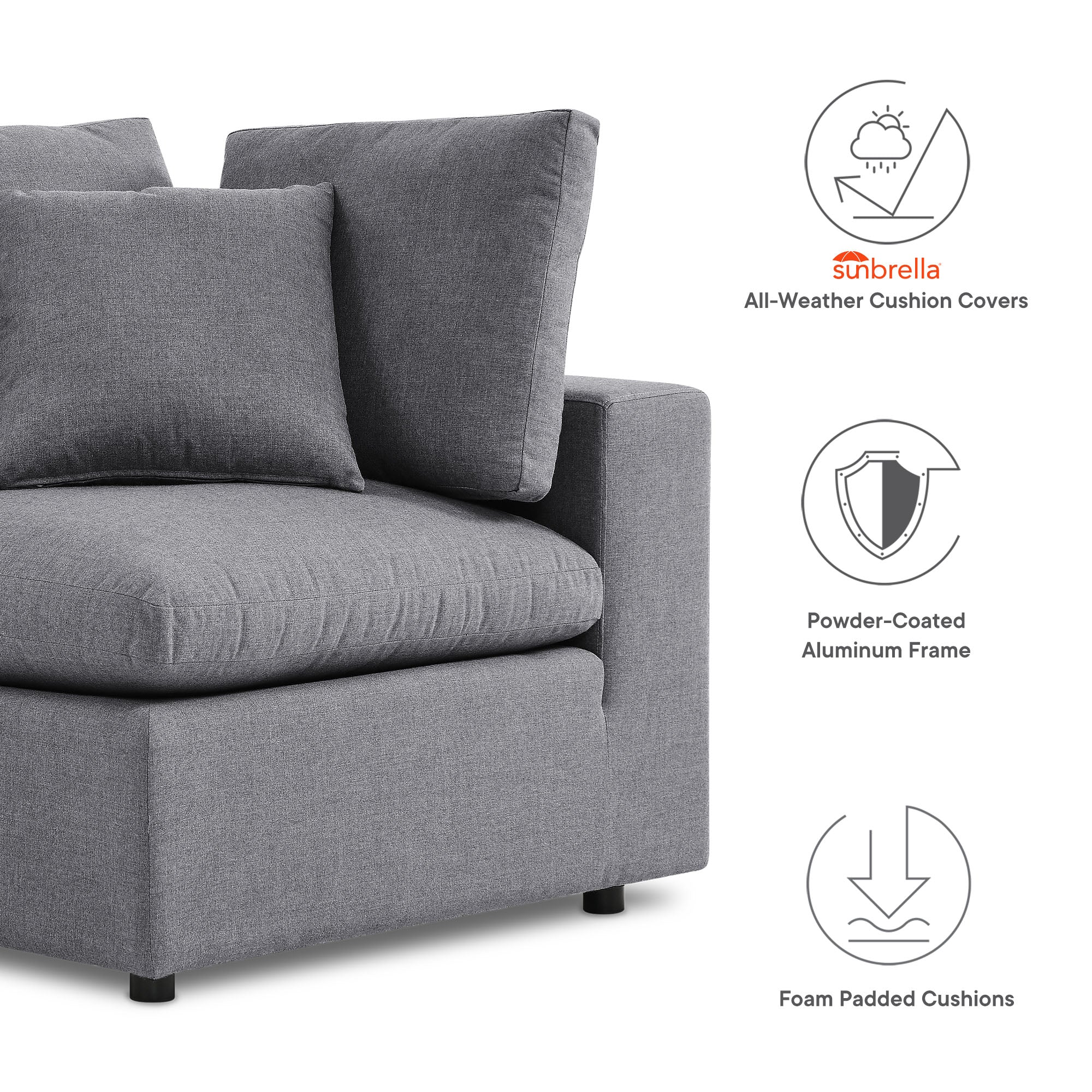 Gray sofa with all-weather cushion covers, powder-coated aluminum frame, and foam-padded cushions on a white background.
