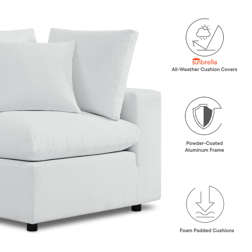 White outdoor sofa with cushions and Umbrella All-Weather Cushion Covers branding.