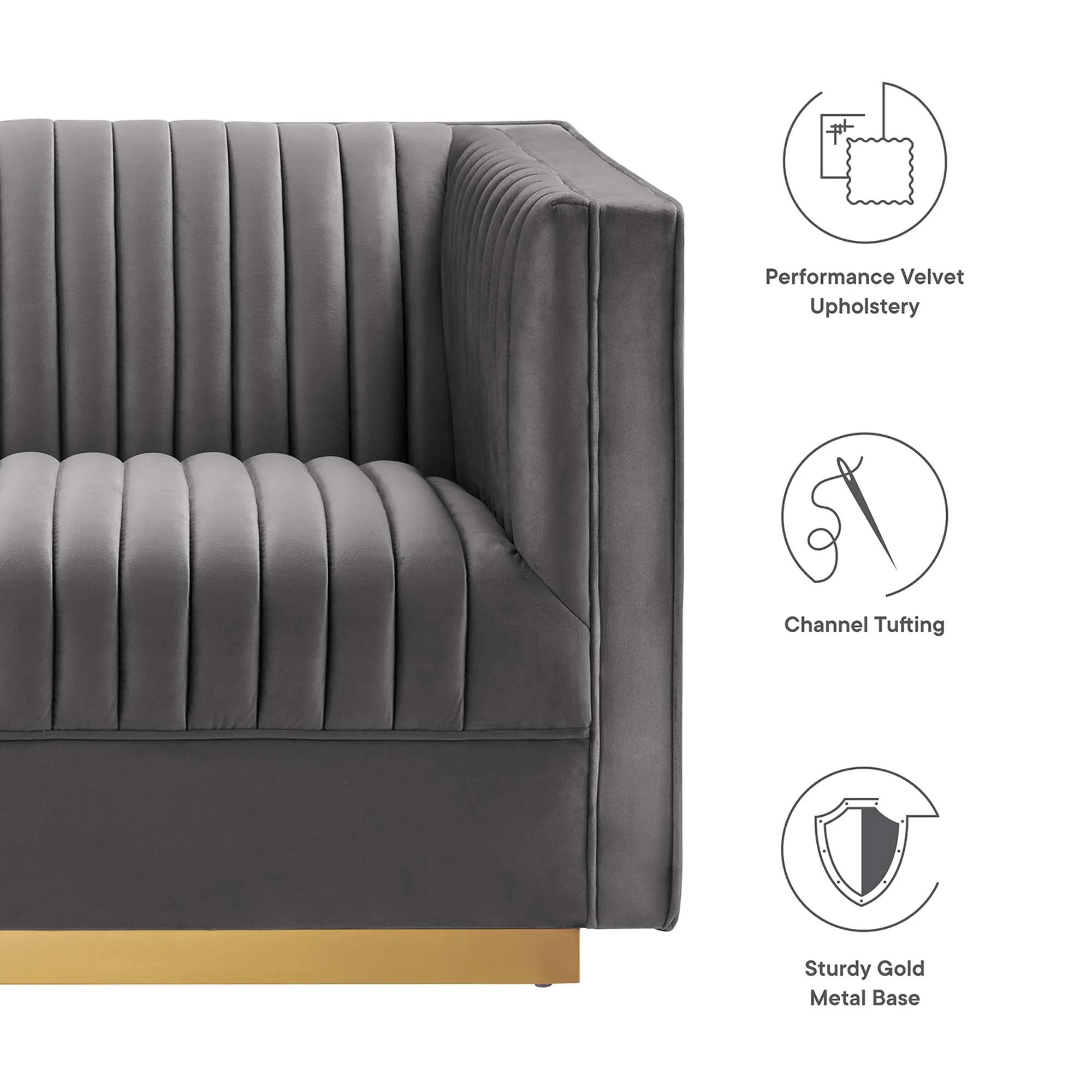 Gray sofa with gold base, featuring icons and text describing material and design elements.