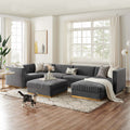 Gray sectional sofa in a living room with a cat walking on the rug.