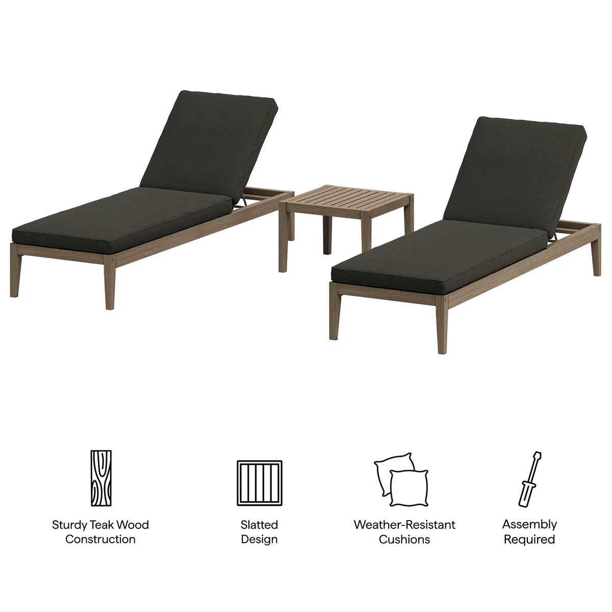 Outdoor lounge set with two chairs and a table on a white background, featuring sturdiness and assembly details.