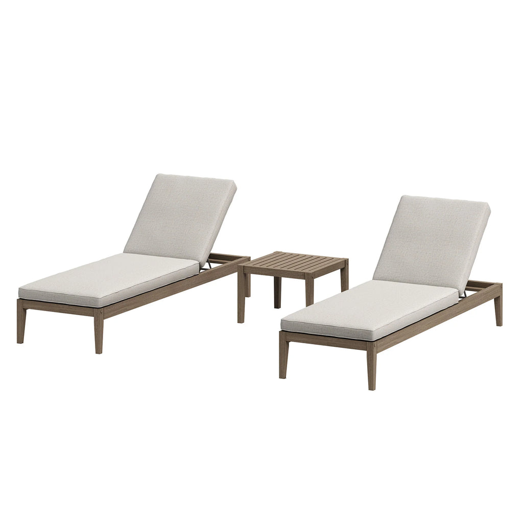 Two outdoor lounge chairs with cushions and a small table on a white background