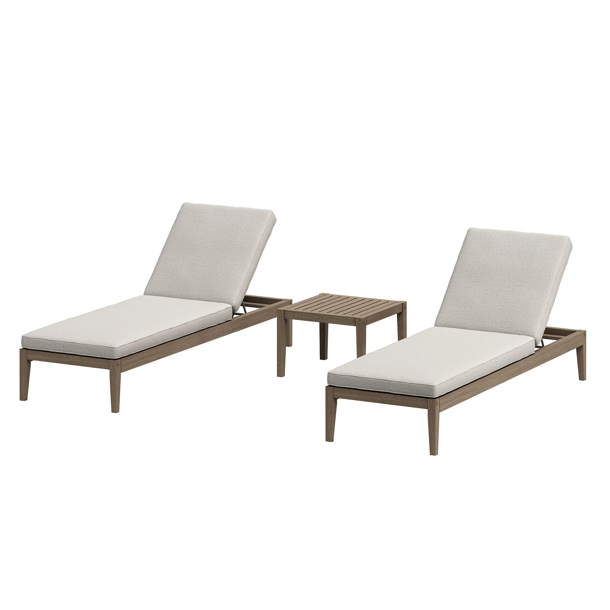Two outdoor lounge chairs with cushions and a small table on a white background