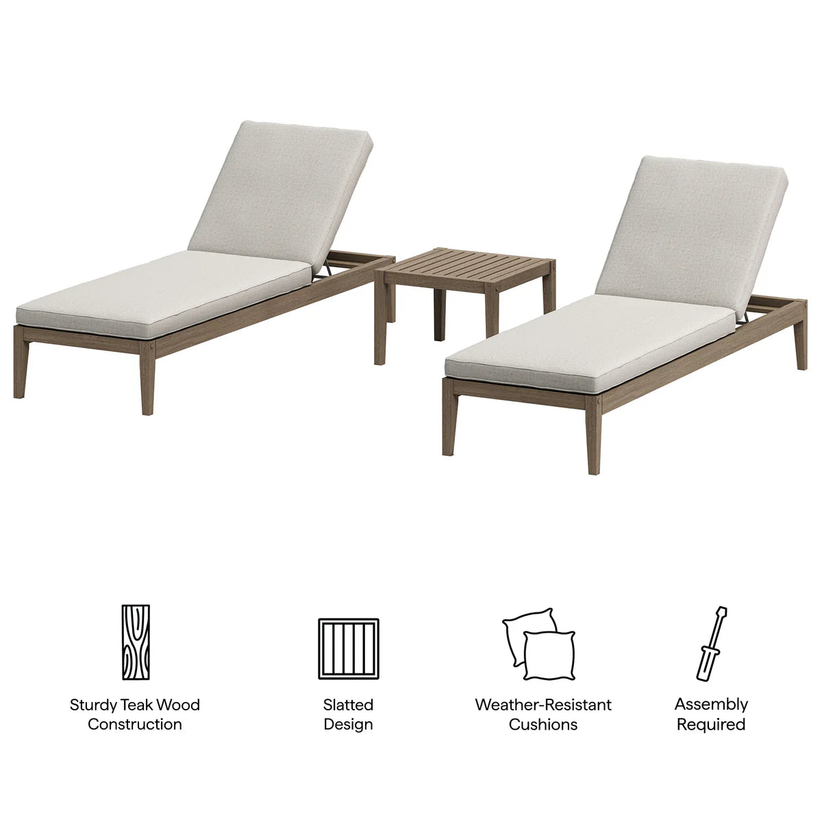 Outdoor lounge set with two chairs and a table on a white background, featuring sturdiness, design, and assembly information.