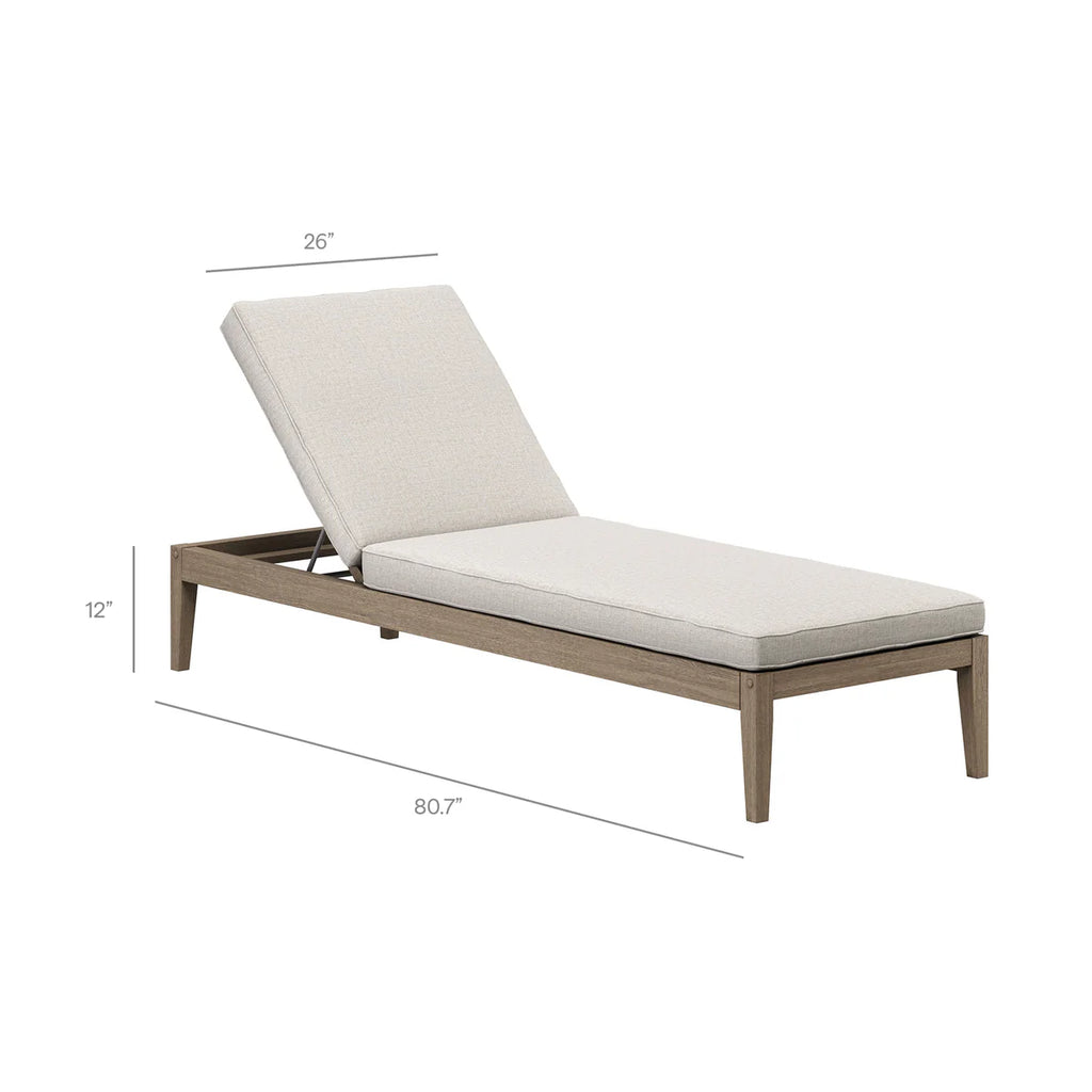 Chaise lounge with white cushion and wooden frame, shown with dimensions on a white background.