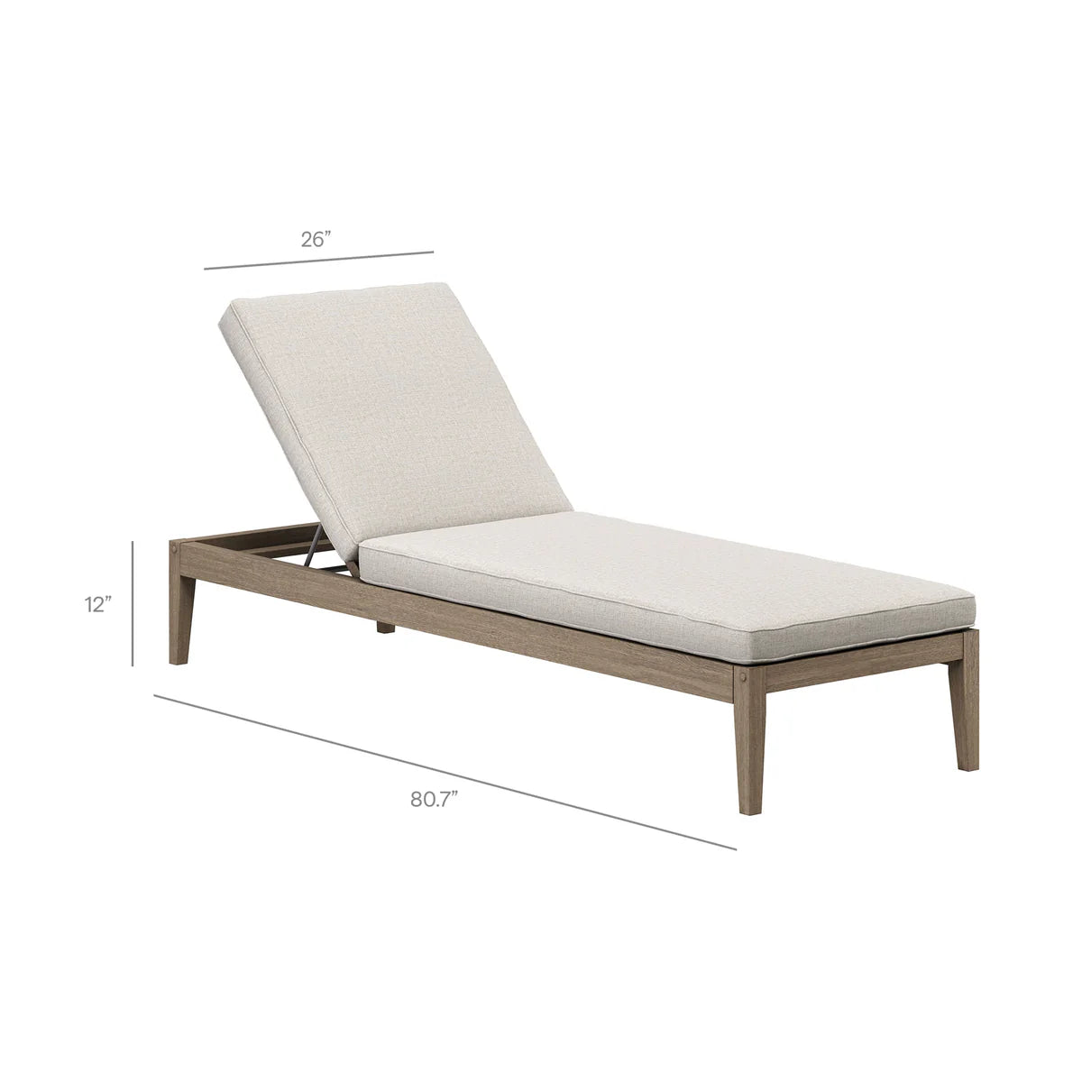 Chaise lounge with white cushion and wooden frame, shown with dimensions on a white background.