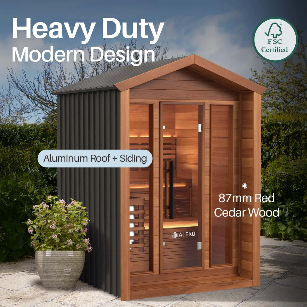 Wooden outdoor shed with FSC certification label, labeled 'Heavy Duty Modern Design' by Aleko.