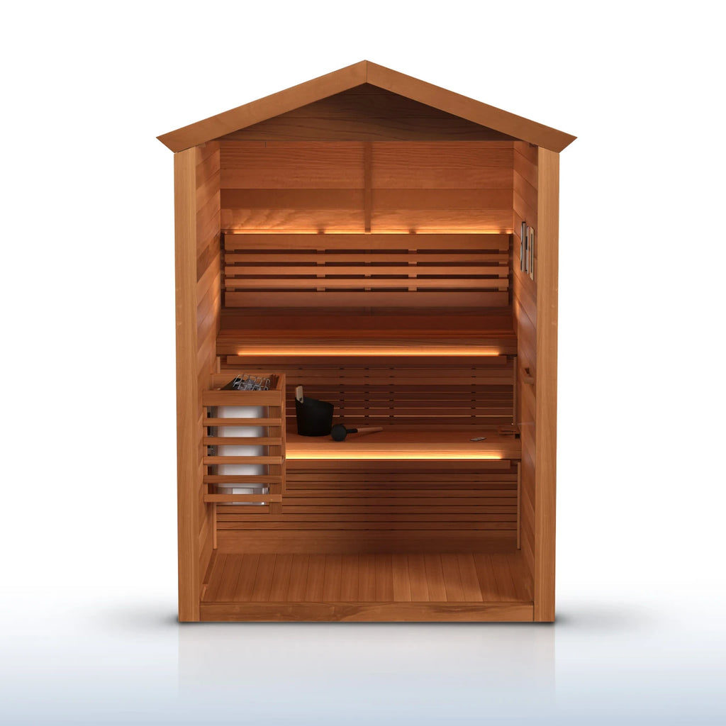 Wooden sauna with interior lights on a white background