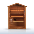Wooden sauna with interior lights on a white background